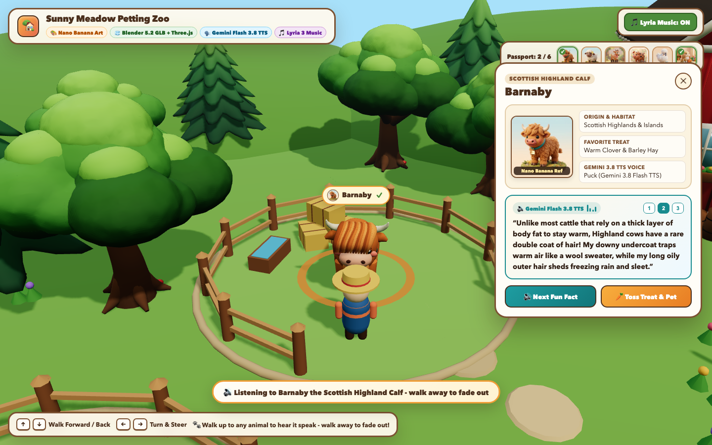 Three.js live gameplay visiting Barnaby the Scottish Highland Calf
